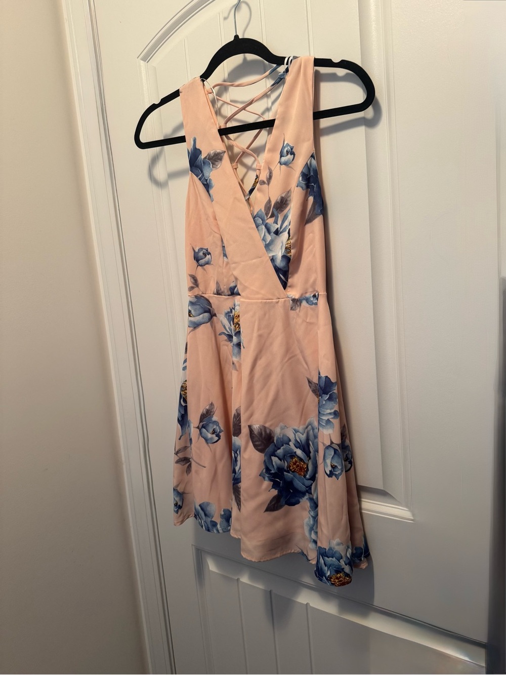 Lulus XS Blush Pink Blue Floral Lace Up Back Fit & Flare Dress